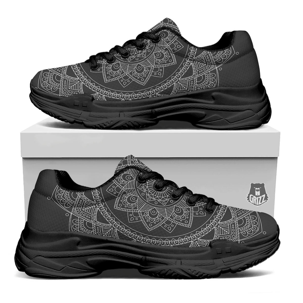 Tribal Mandala White And Black Print Black Chunky Shoes-grizzshop