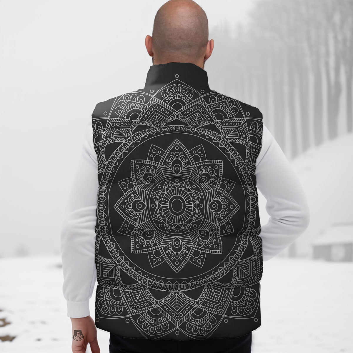 Tribal Mandala White And Black Print Down Vest
