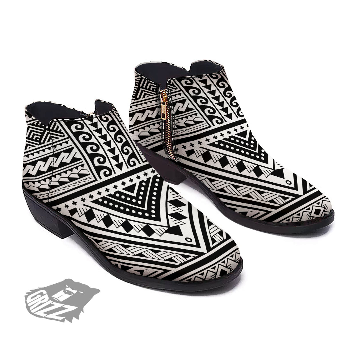 Tribal Maori Polynesian Tattoo Print Ankle Boots-grizzshop