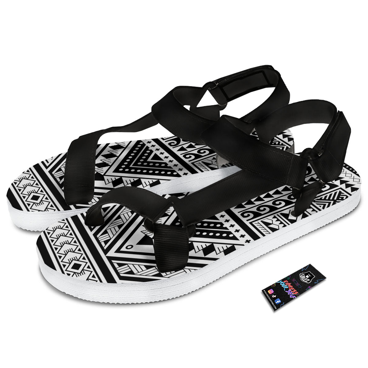 Tribal Maori Polynesian Tattoo Print Black Open Toe Sandals-grizzshop