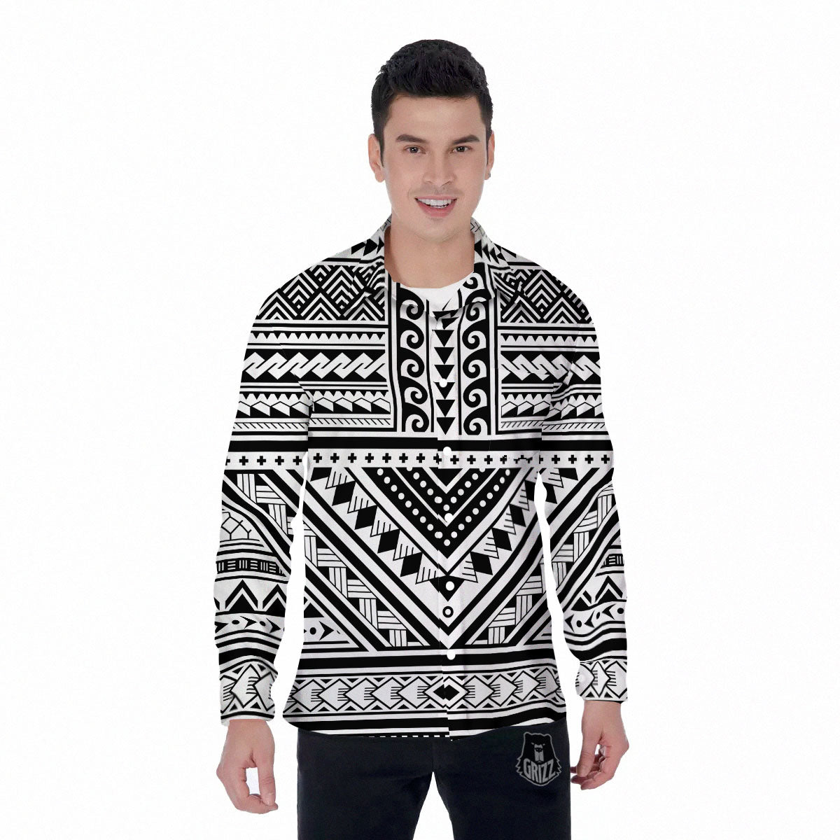 Tribal Maori Polynesian Tattoo Print Men's Long Sleeve Shirts-grizzshop
