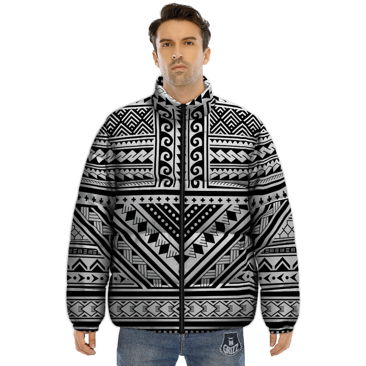Tribal Maori Polynesian Tattoo Print Puffer Jacket-grizzshop
