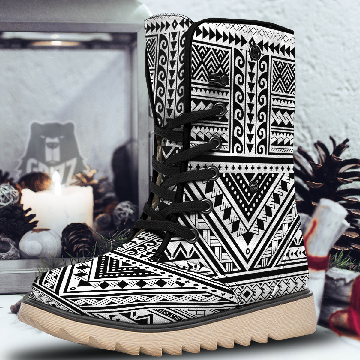 Tribal Maori Polynesian Tattoo Print Snow Boots-grizzshop