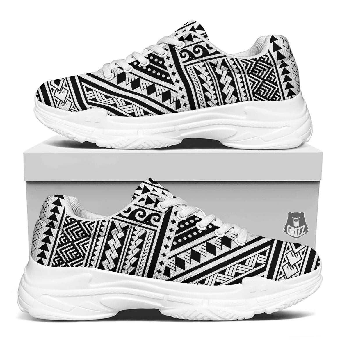 Tribal Maori Polynesian Tattoo Print White Chunky Shoes-grizzshop
