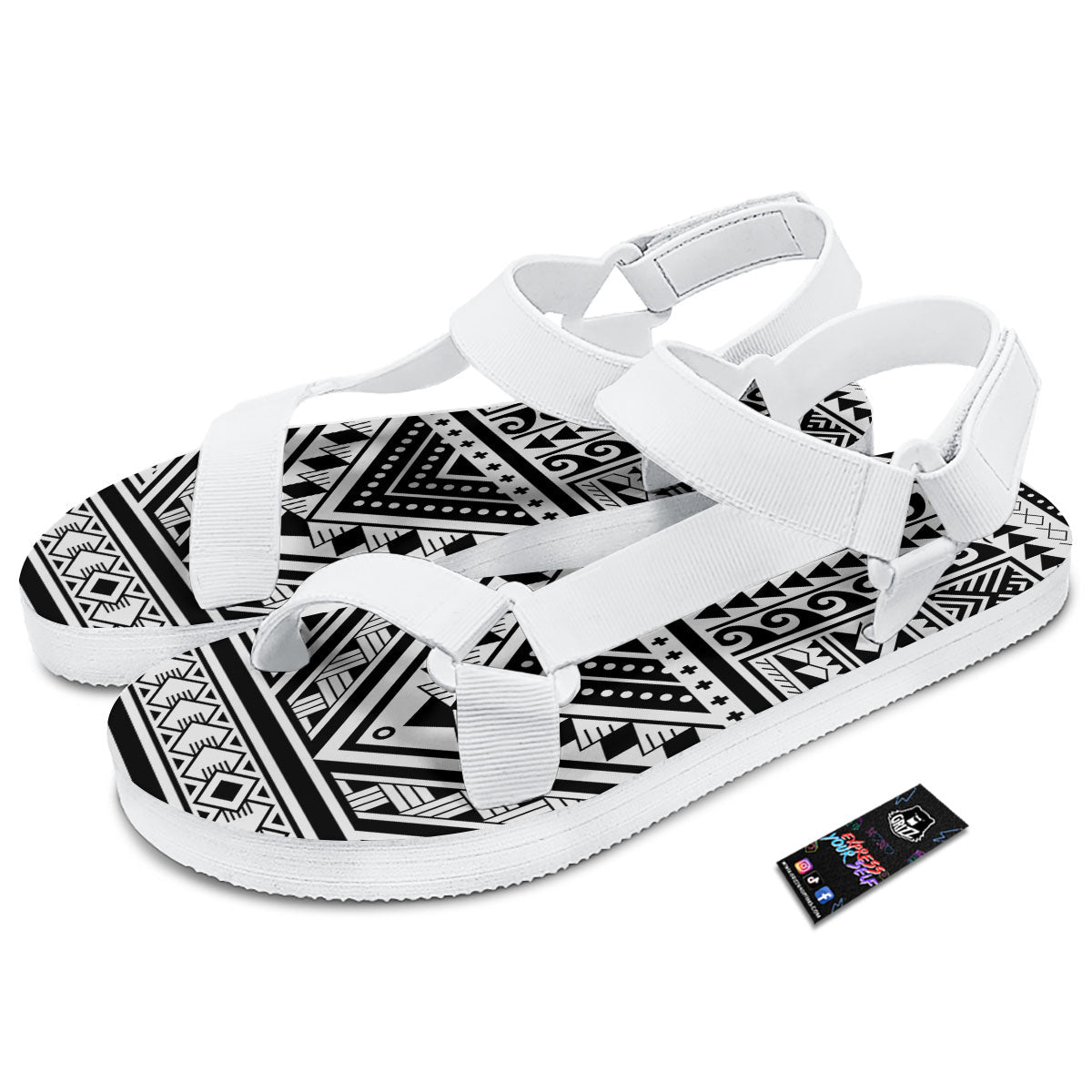 Tribal Maori Polynesian Tattoo Print White Open Toe Sandals-grizzshop