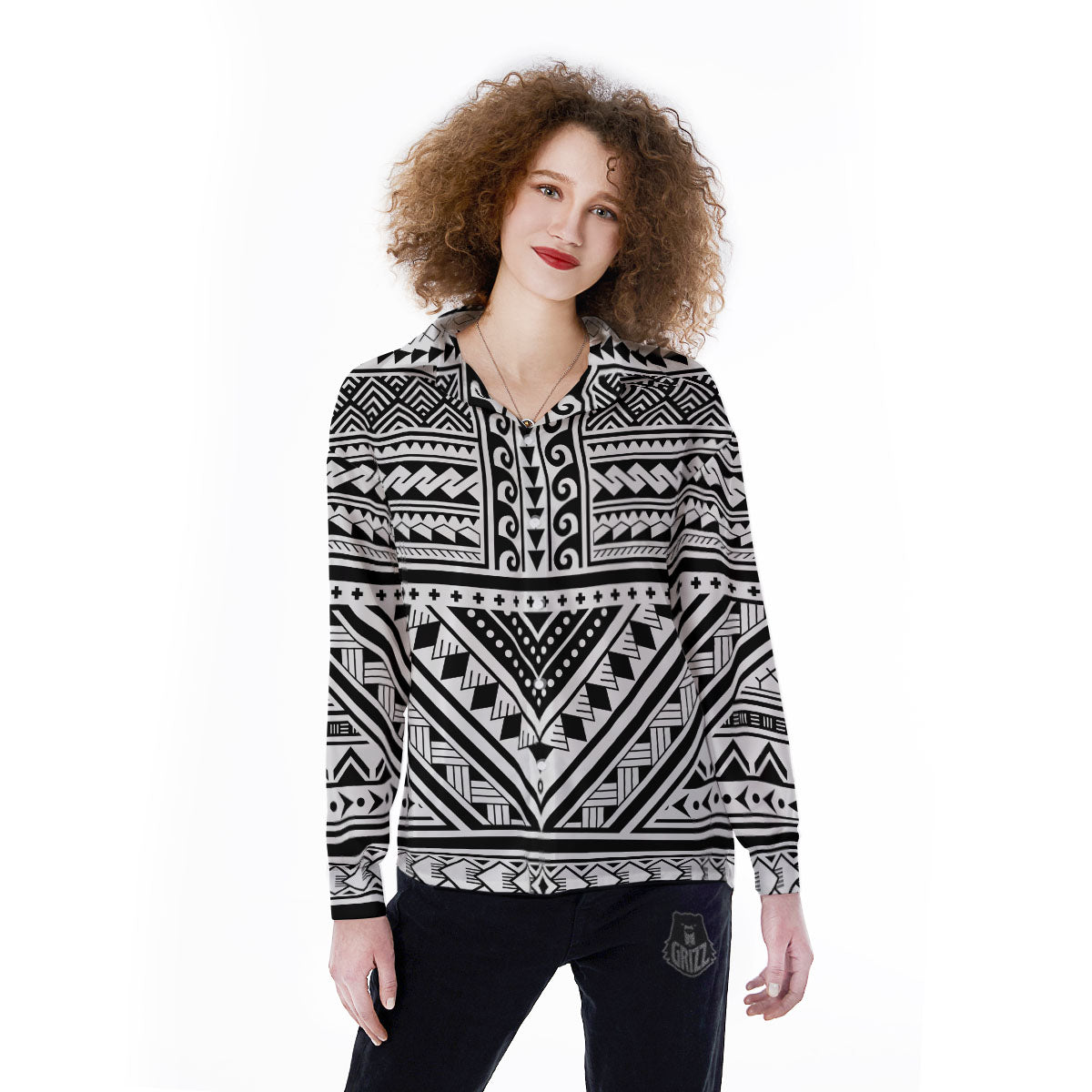 Tribal Maori Polynesian Tattoo Print Women's Long Sleeve Shirts-grizzshop