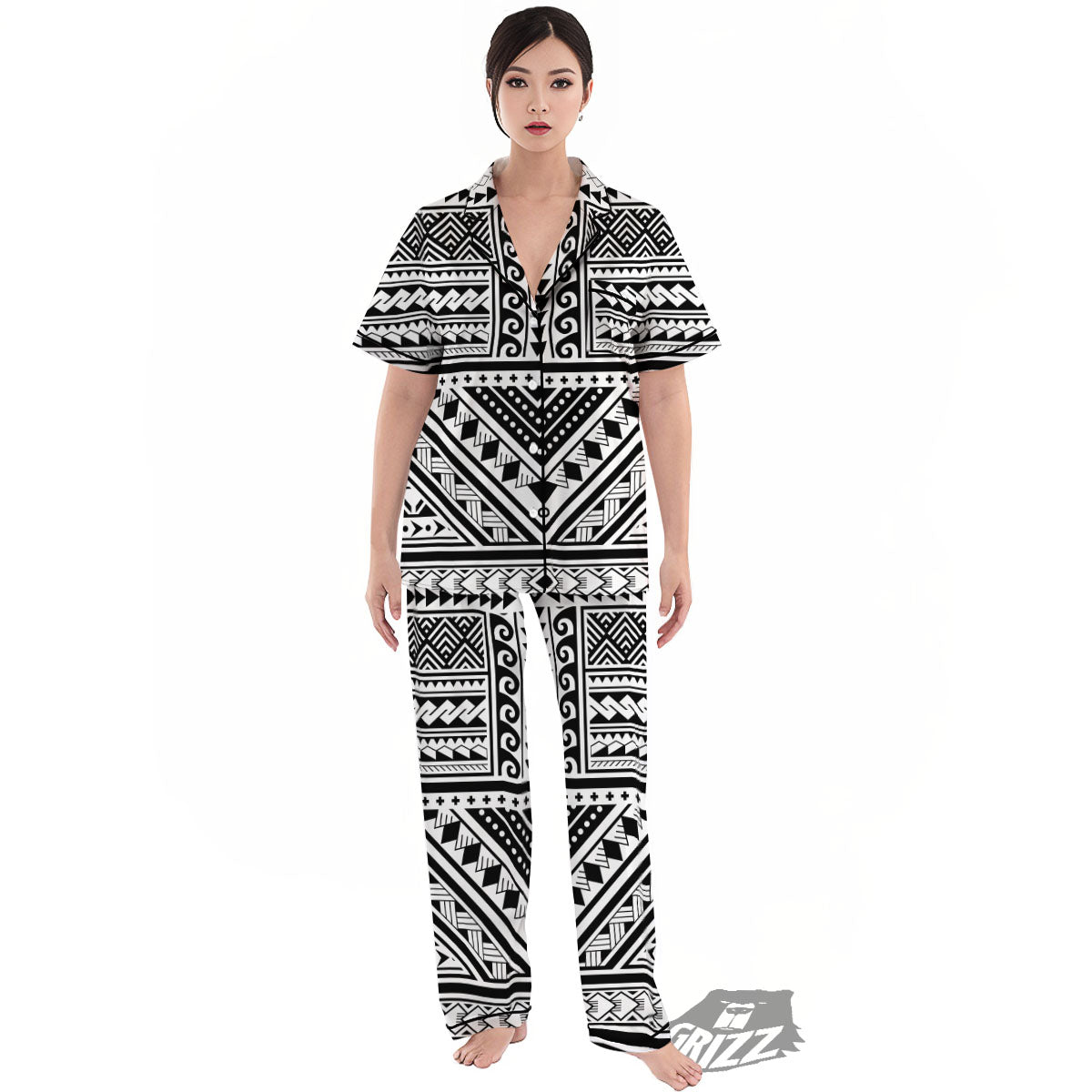Tribal Maori Polynesian Tattoo Print Women's Pajamas Set-grizzshop