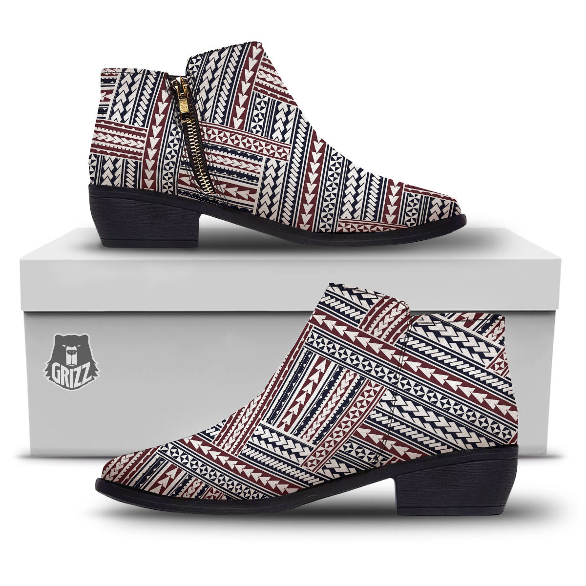 Tribal Maori Print Ankle Boots-grizzshop