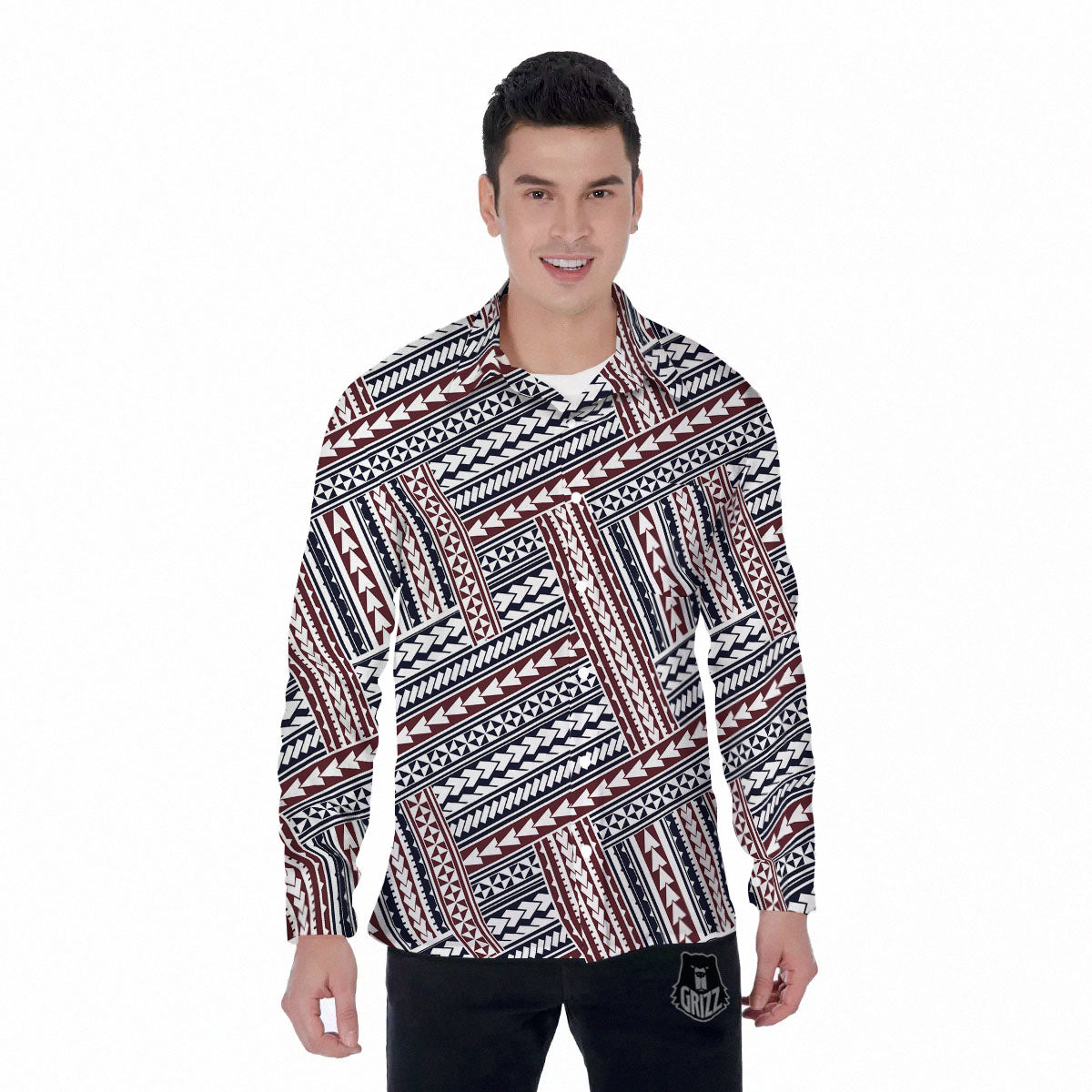 Tribal Maori Print Men's Long Sleeve Shirts-grizzshop