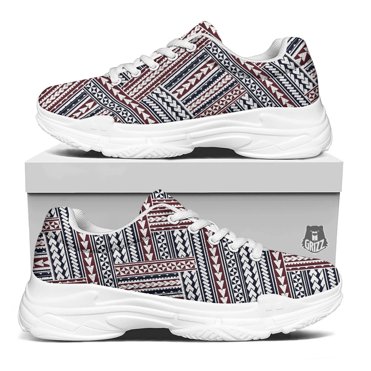 Tribal Maori Print White Chunky Shoes-grizzshop