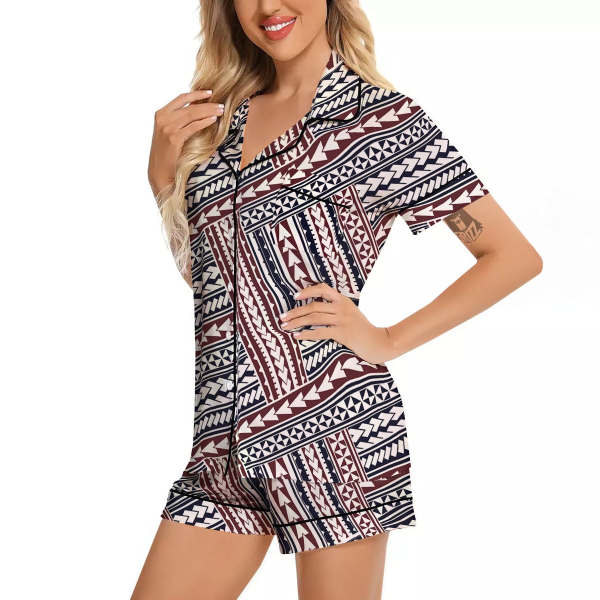 Tribal Maori Print Women Silk Pajamas-grizzshop