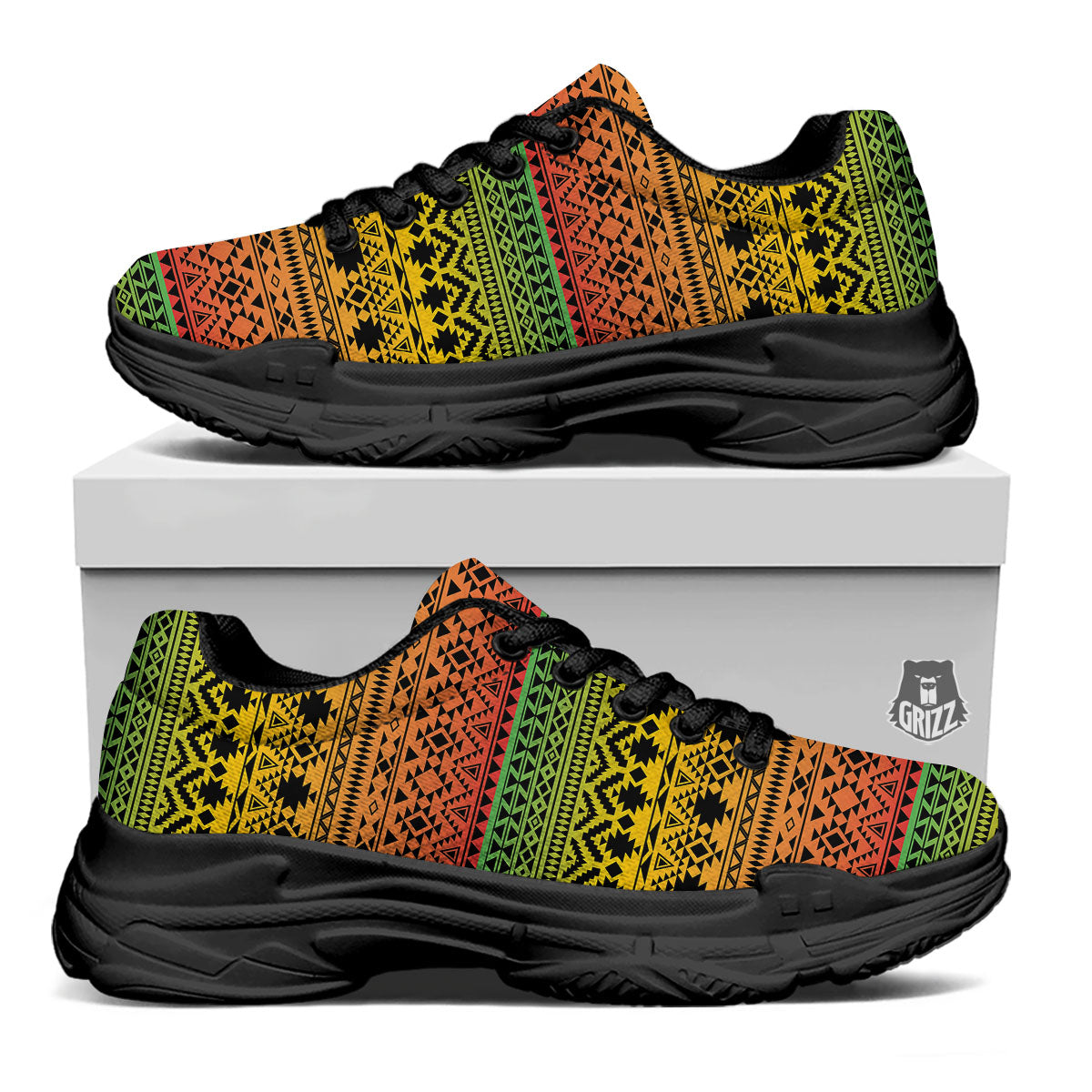 Tribal Rasta Print Pattern Black Chunky Shoes-grizzshop