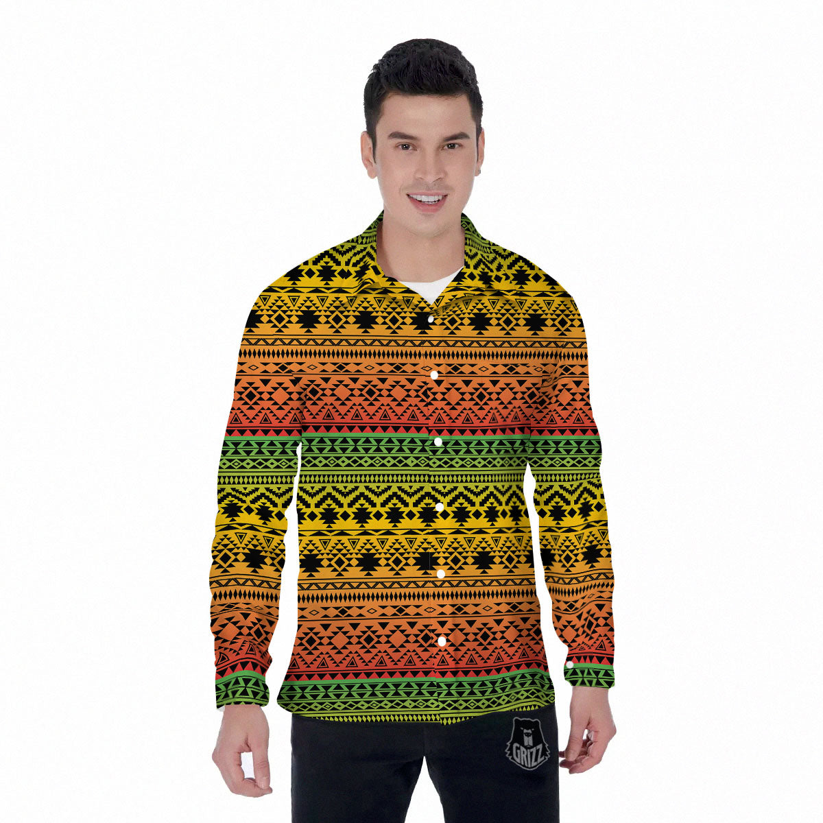 Tribal Rasta Print Pattern Men's Long Sleeve Shirts-grizzshop