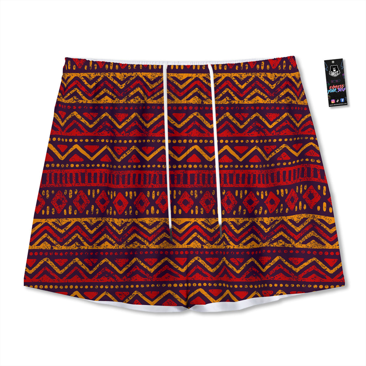 Tribal Red African Print Pattern Mesh Shorts