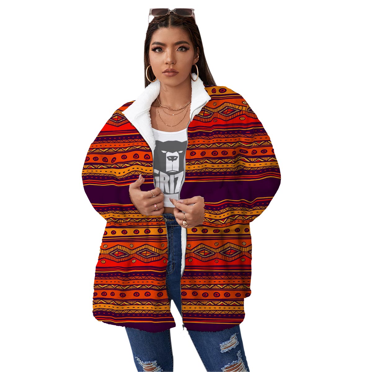 Tribal Sunset African Print Pattern Women's Sherpa Jacket-grizzshop