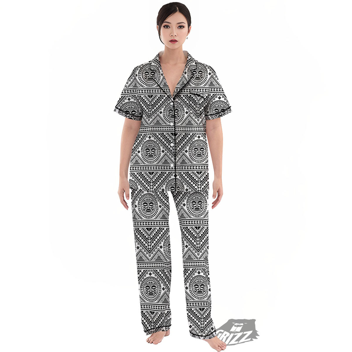 Tribal Tattoo Maori Polynesian Print Women's Pajamas Set-grizzshop