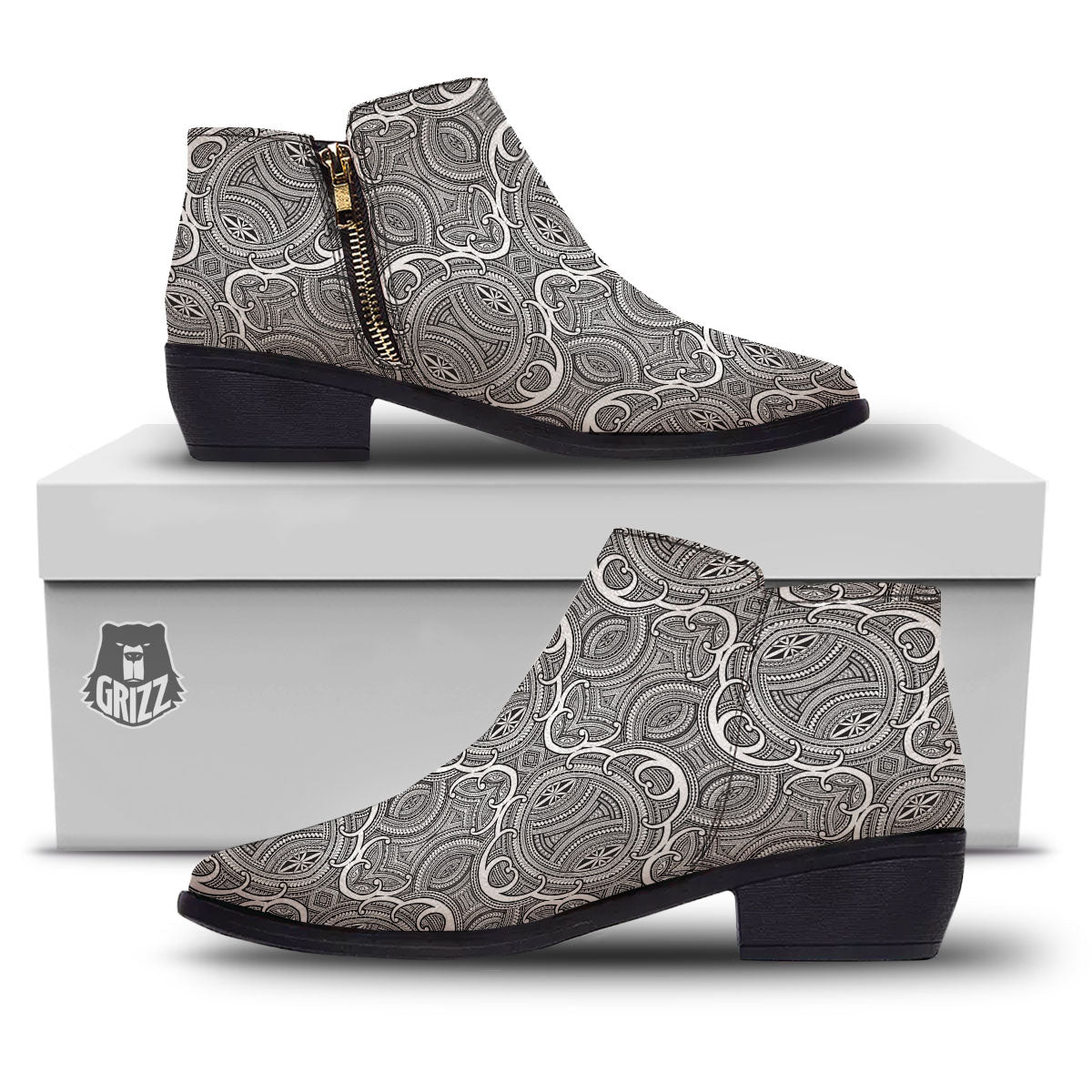 Tribal Tattoo Maori Print Pattern Ankle Boots-grizzshop
