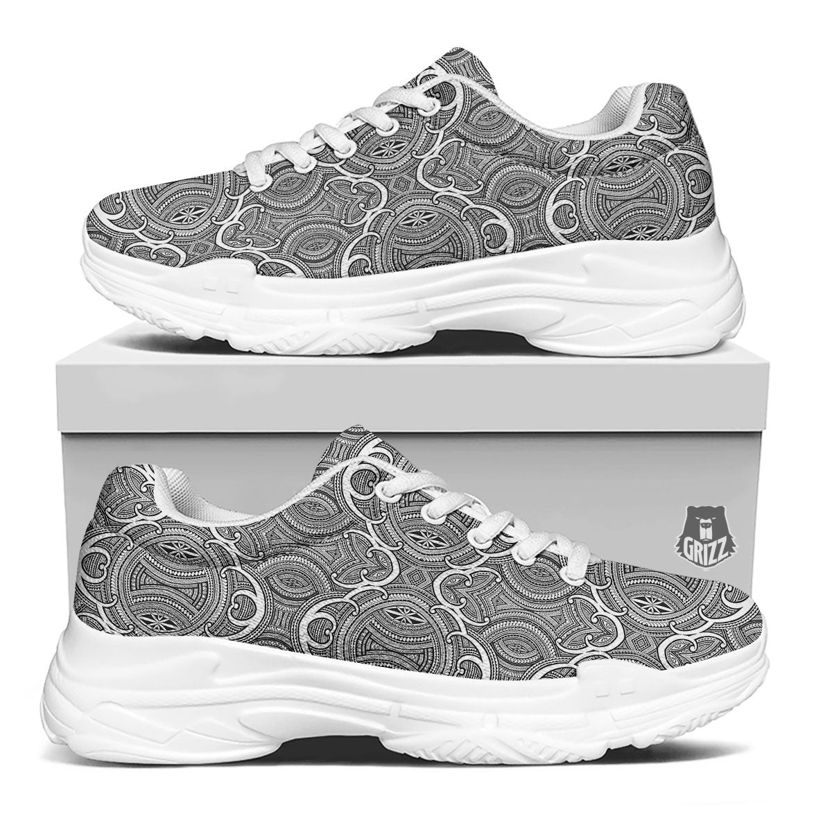 Tribal Tattoo Maori Print Pattern White Chunky Shoes-grizzshop