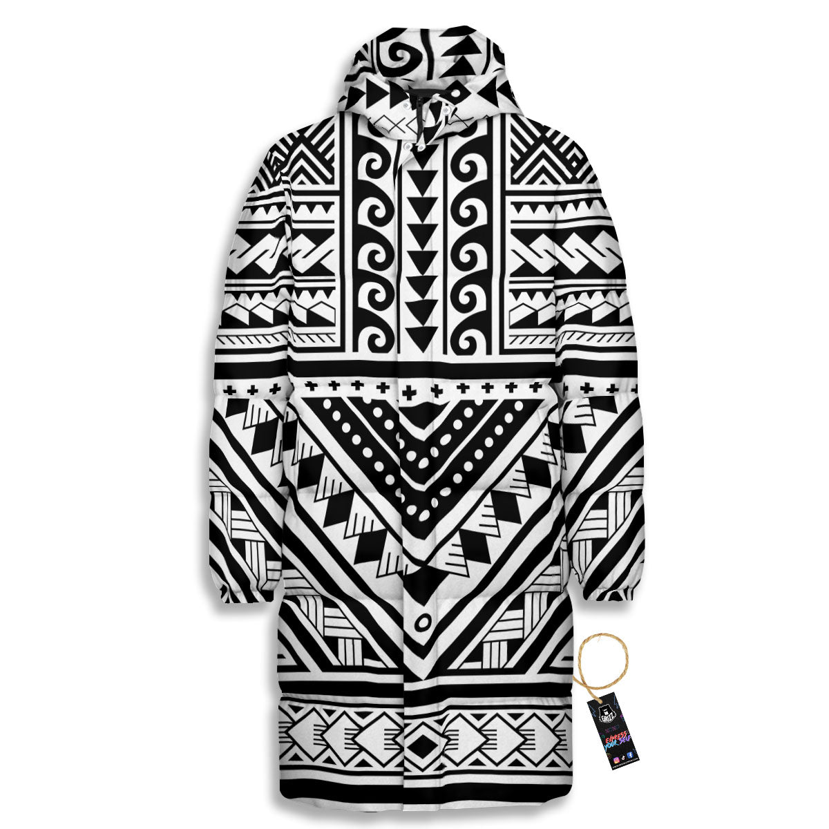 Tribal Maori Polynesian Tattoo Print Long Down Jacket