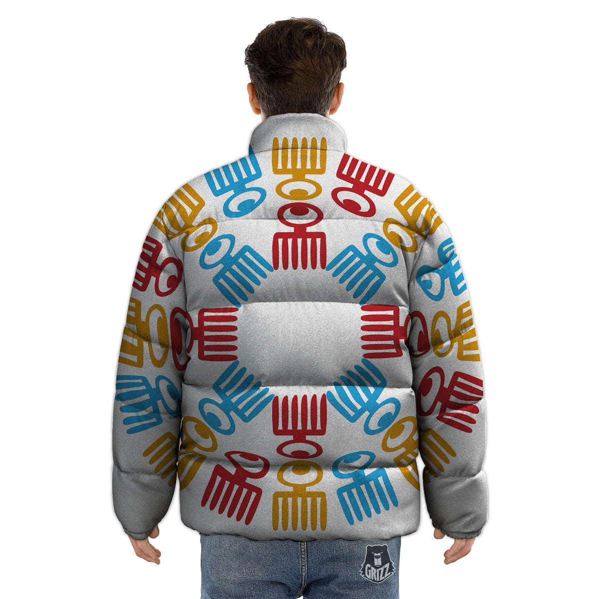 Tribe Symbols Red Adinkra Print Puffer Jacket-grizzshop