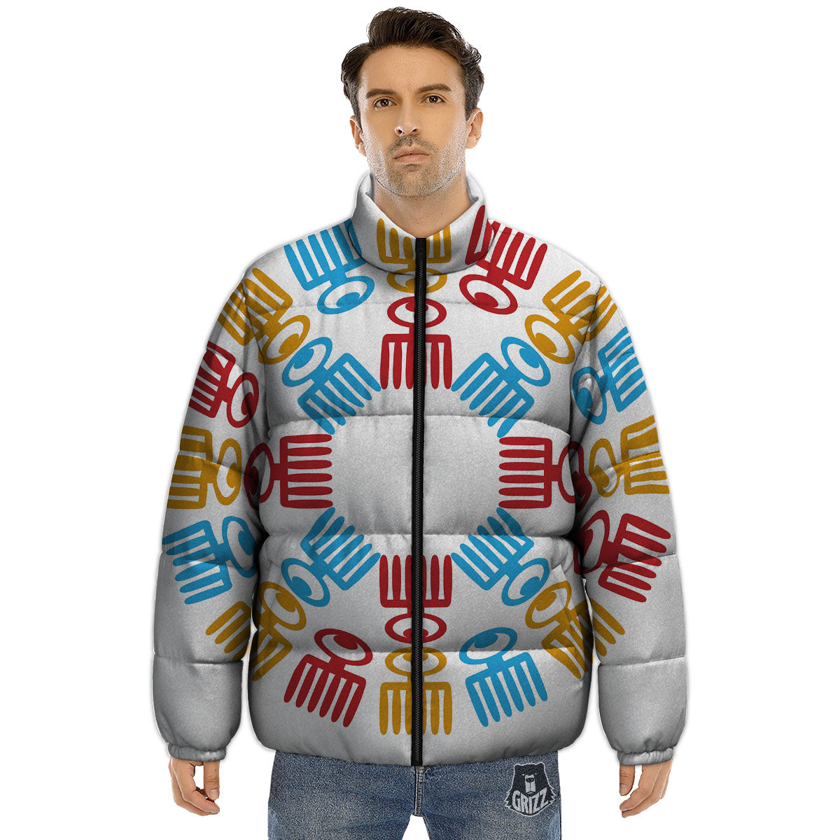 Tribe Symbols Red Adinkra Print Puffer Jacket-grizzshop