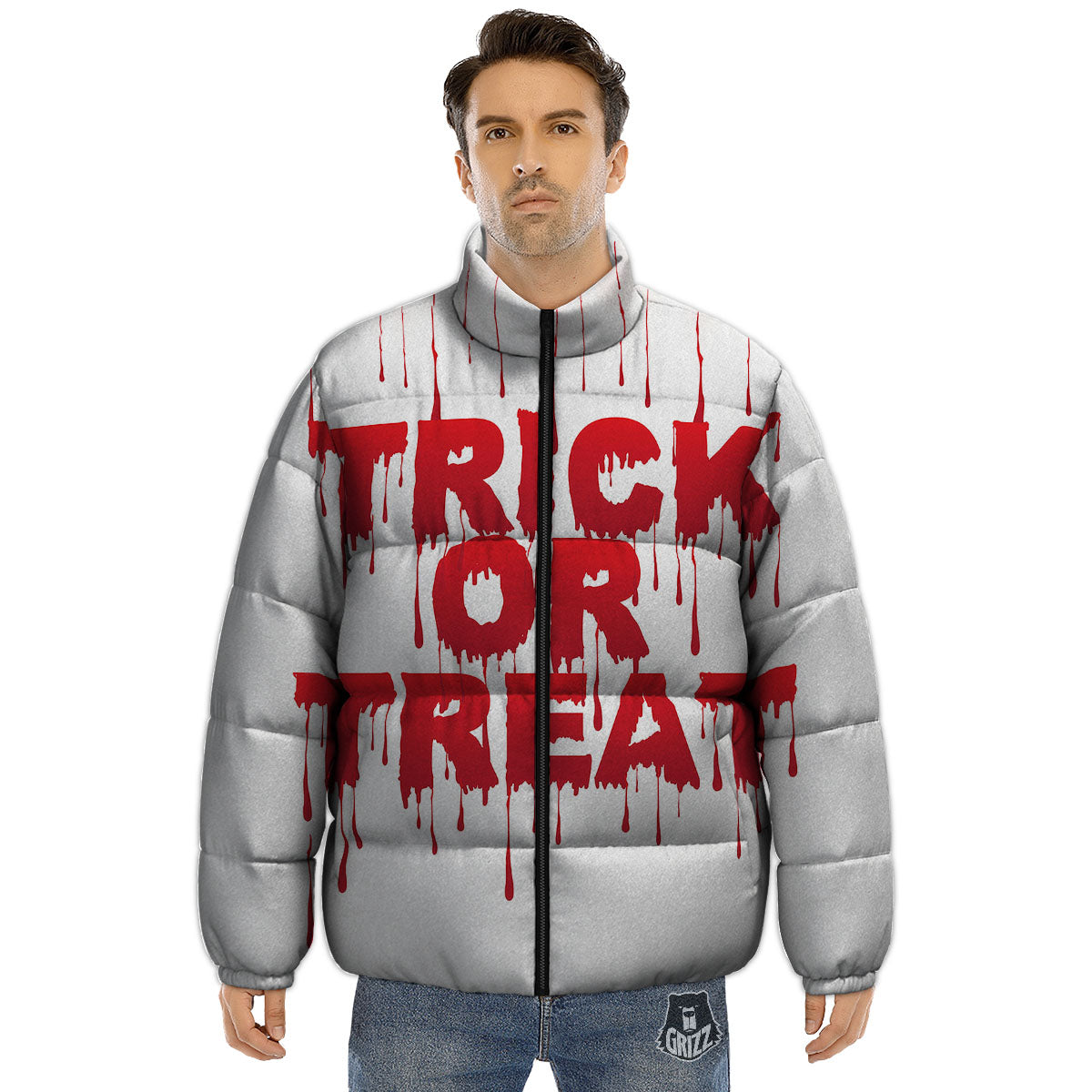 Trick Or Treat Red Blood Halloween Print Puffer Jacket-grizzshop