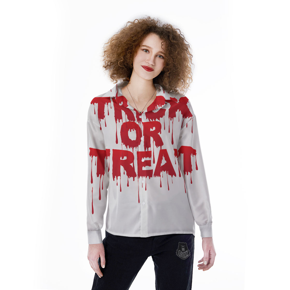 Trick Or Treat Red Blood Halloween Print Women's Long Sleeve Shirts-grizzshop