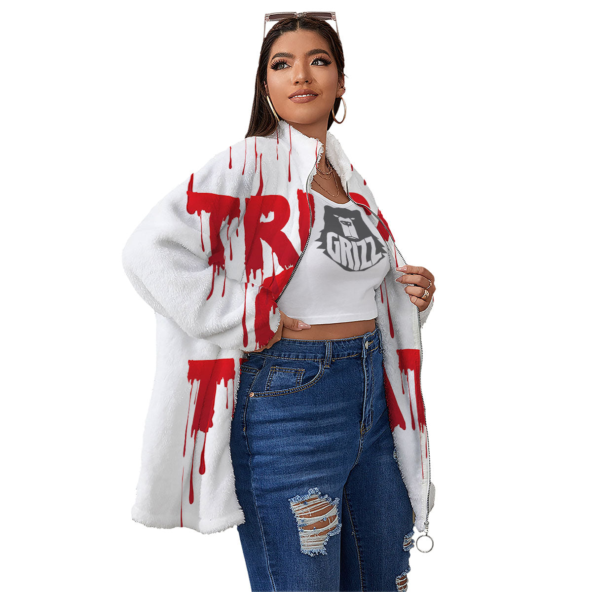Trick Or Treat Red Blood Halloween Print Women's Sherpa Jacket-grizzshop