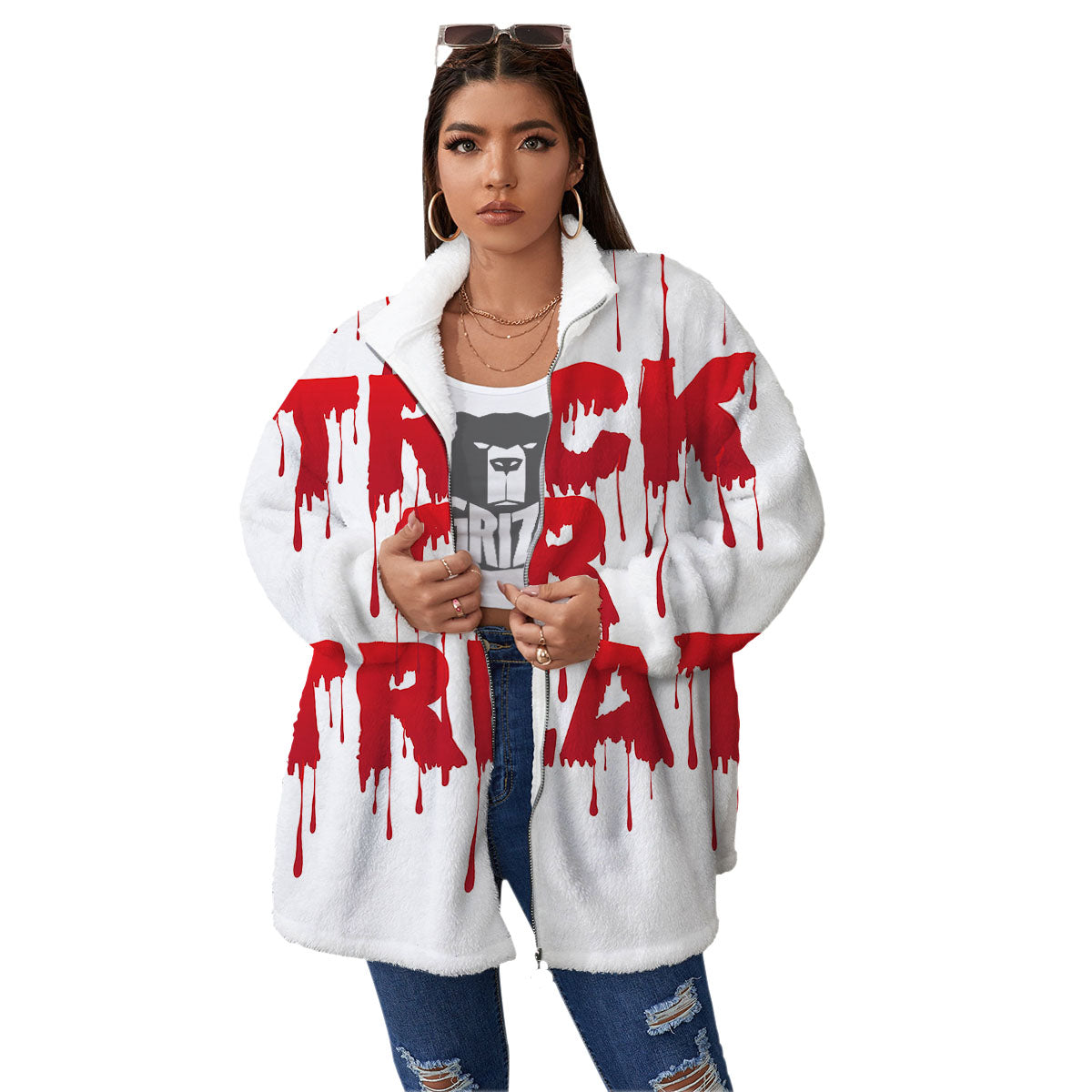 Trick Or Treat Red Blood Halloween Print Women's Sherpa Jacket-grizzshop