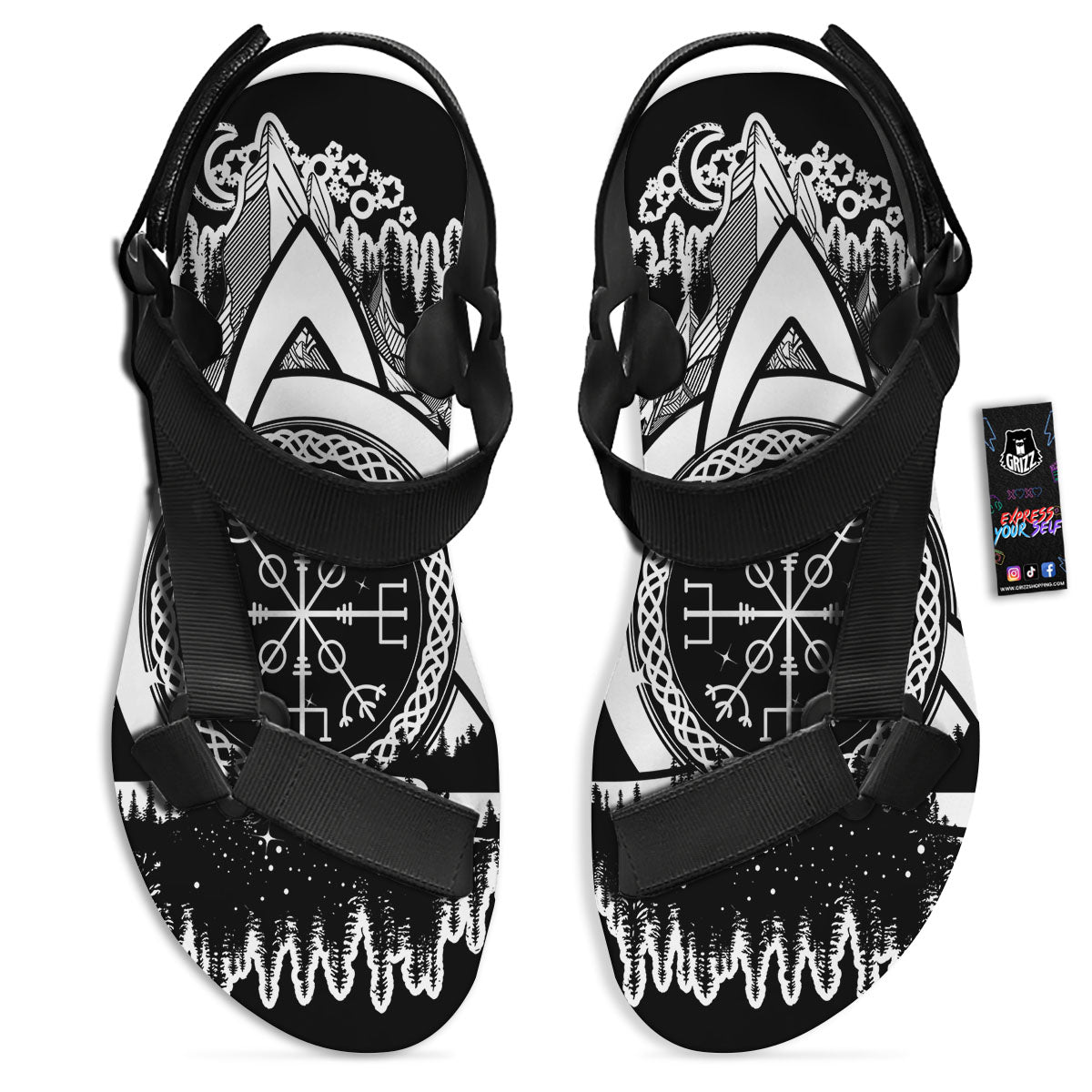 Trinity Knot Viking Celtic Print Black Open Toe Sandals-grizzshop