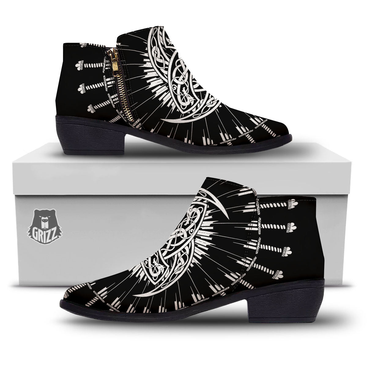 Triple Horn Of Odin Viking Print Ankle Boots-grizzshop