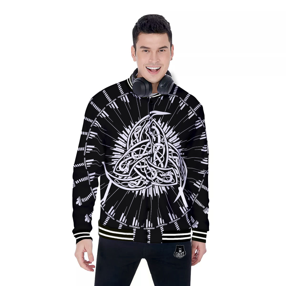 Triple Horn Of Odin Viking Print Baseball Jacket-grizzshop