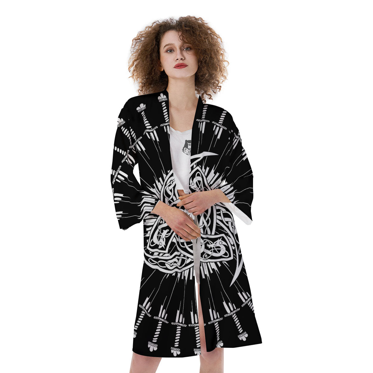 Triple Horn Of Odin Viking Print Kimono-grizzshop