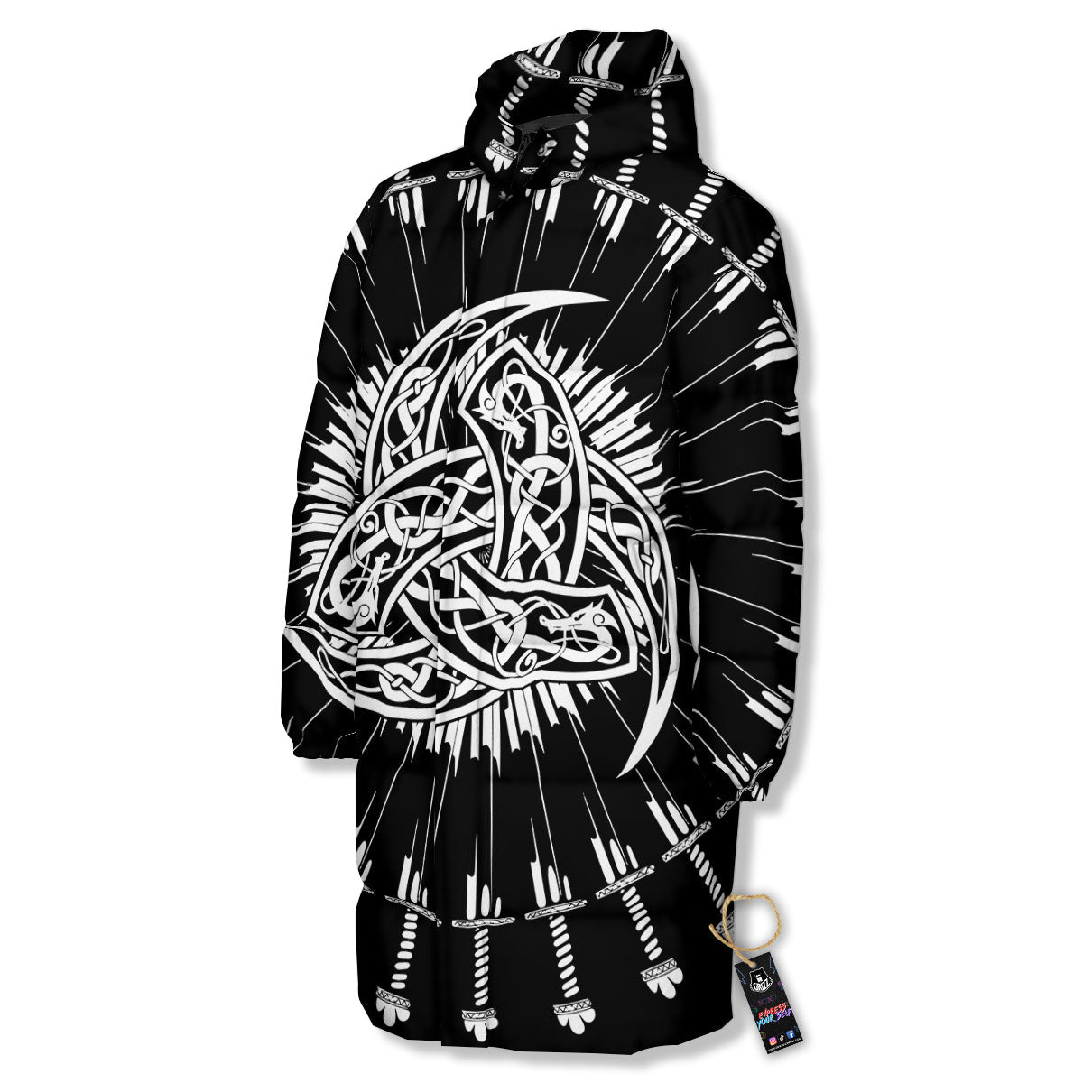 Triple Horn Of Odin Viking Print Long Down Jacket-grizzshop