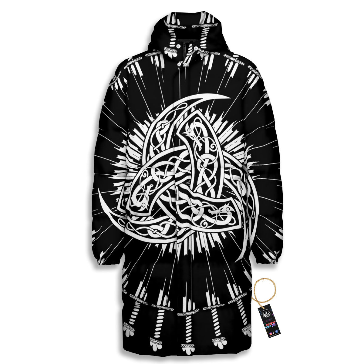 Triple Horn Of Odin Viking Print Long Down Jacket-grizzshop