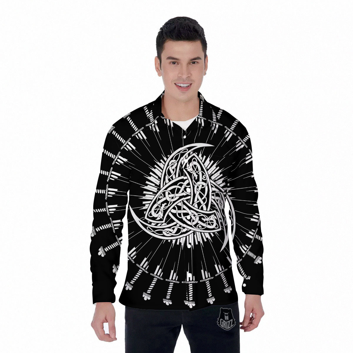 Triple Horn Of Odin Viking Print Men's Long Sleeve Shirts-grizzshop