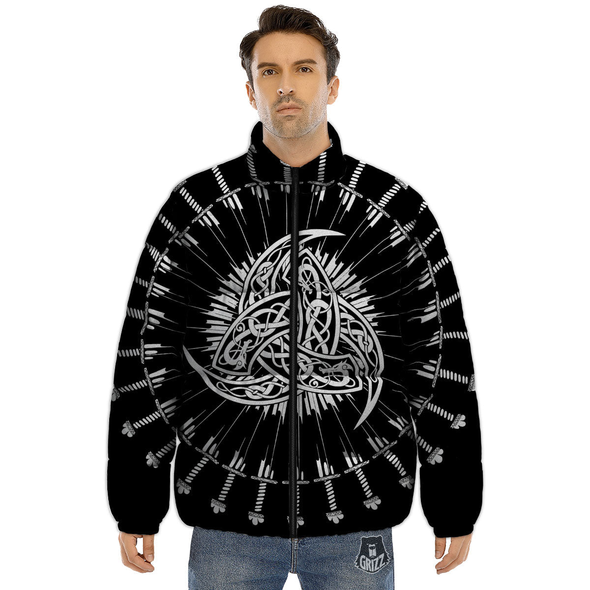 Triple Horn Of Odin Viking Print Puffer Jacket-grizzshop