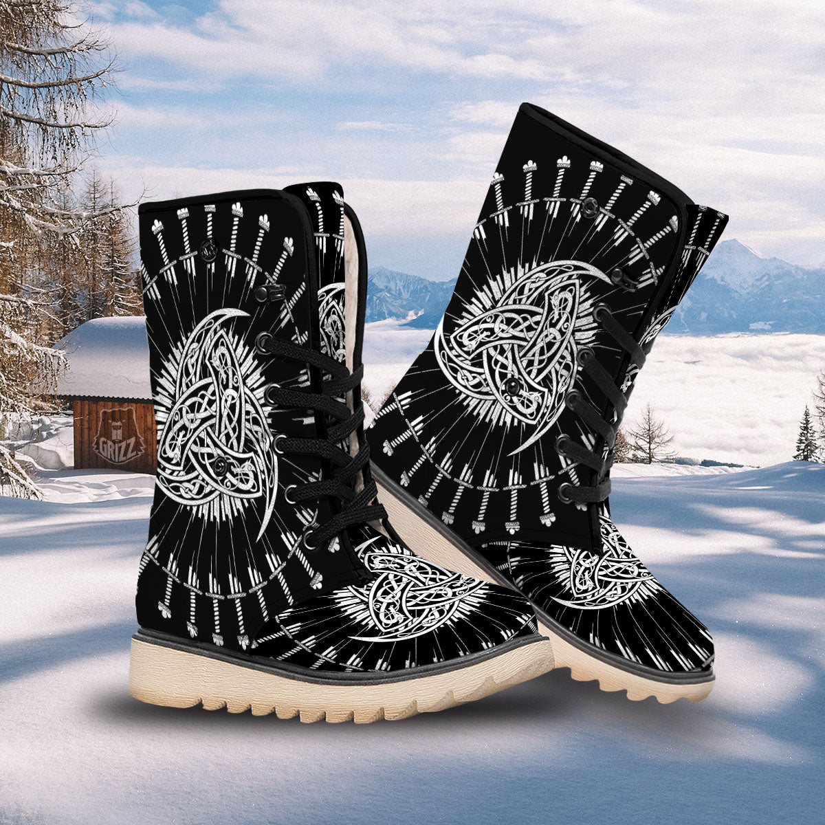 Triple Horn Of Odin Viking Print Snow Boots-grizzshop