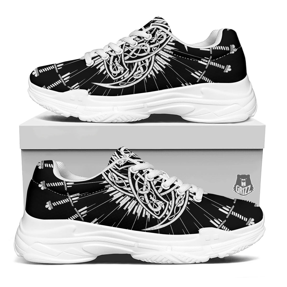 Triple Horn Of Odin Viking Print White Chunky Shoes-grizzshop