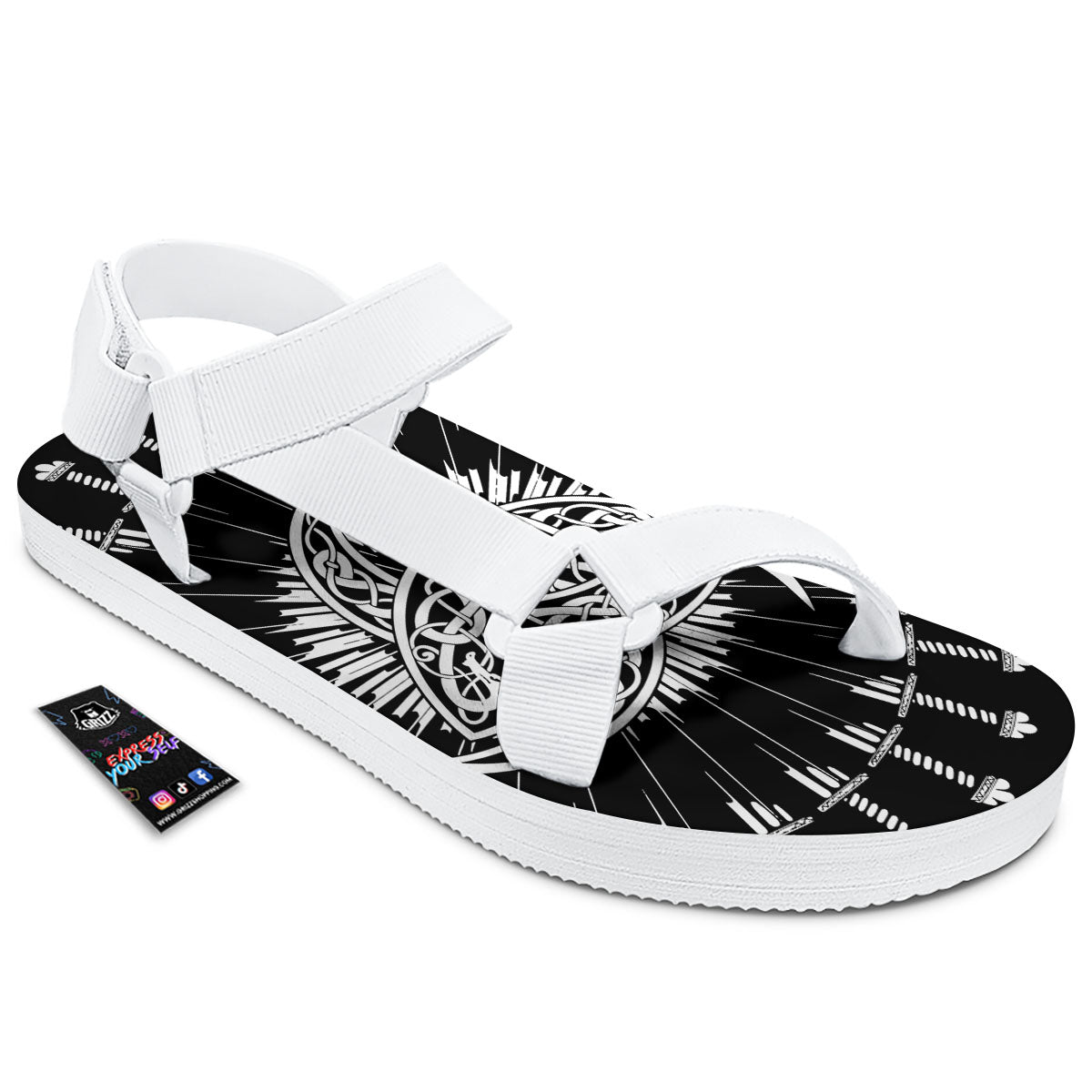 Triple Horn Of Odin Viking Print White Open Toe Sandals-grizzshop