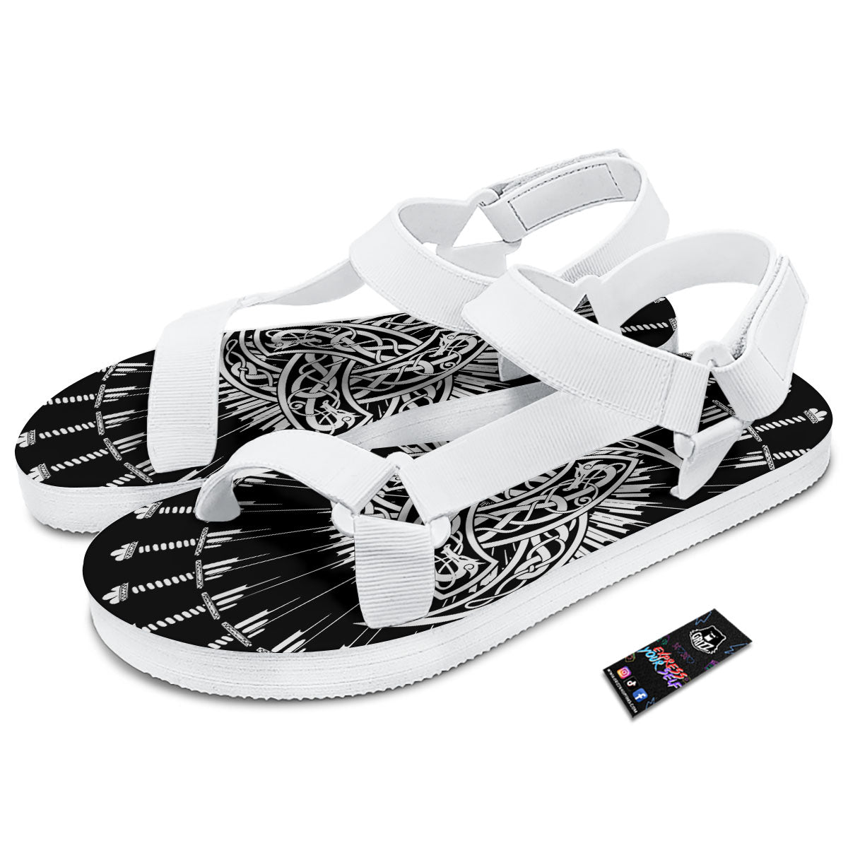 Triple Horn Of Odin Viking Print White Open Toe Sandals-grizzshop
