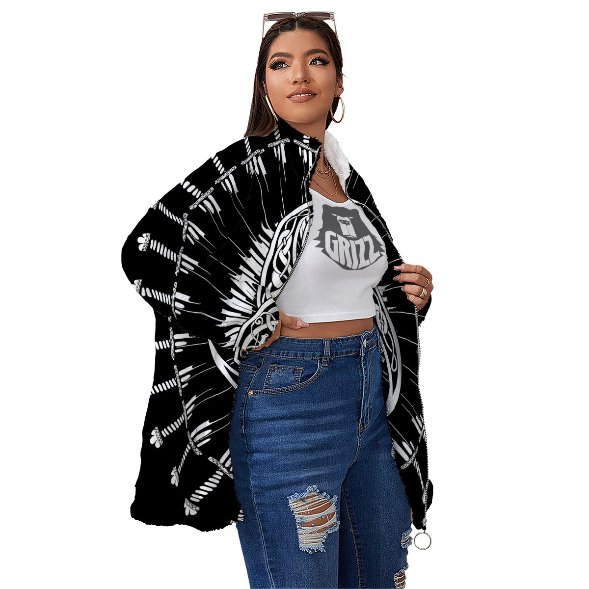 Triple Horn Of Odin Viking Print Women's Sherpa Jacket-grizzshop
