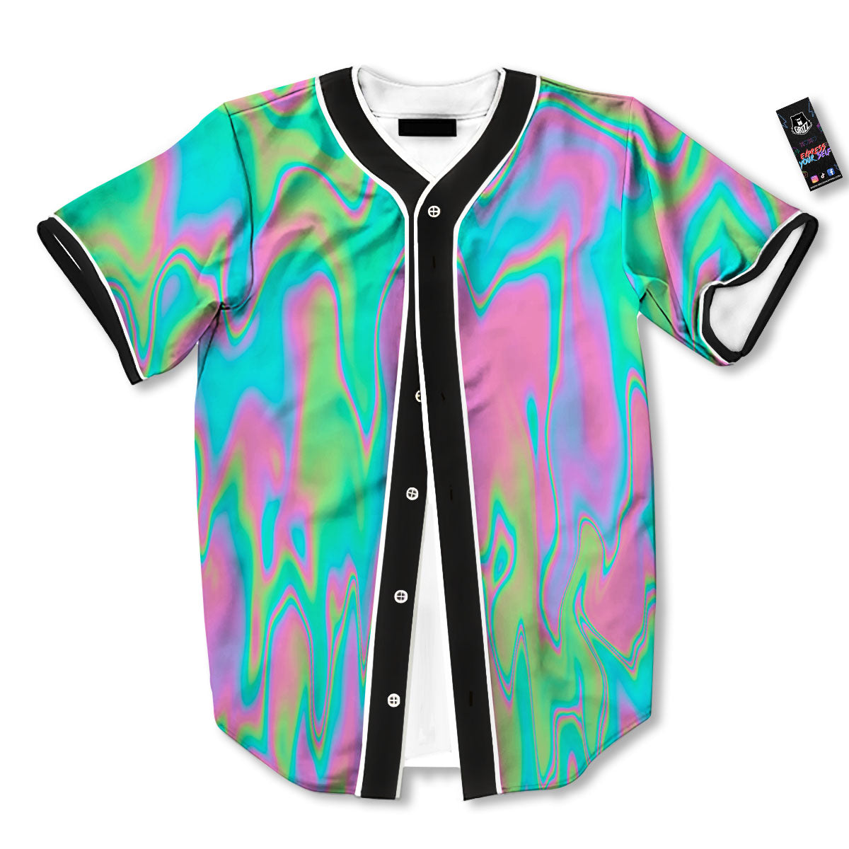Trippy Abstract Holographic Print Baseball Jersey-grizzshop