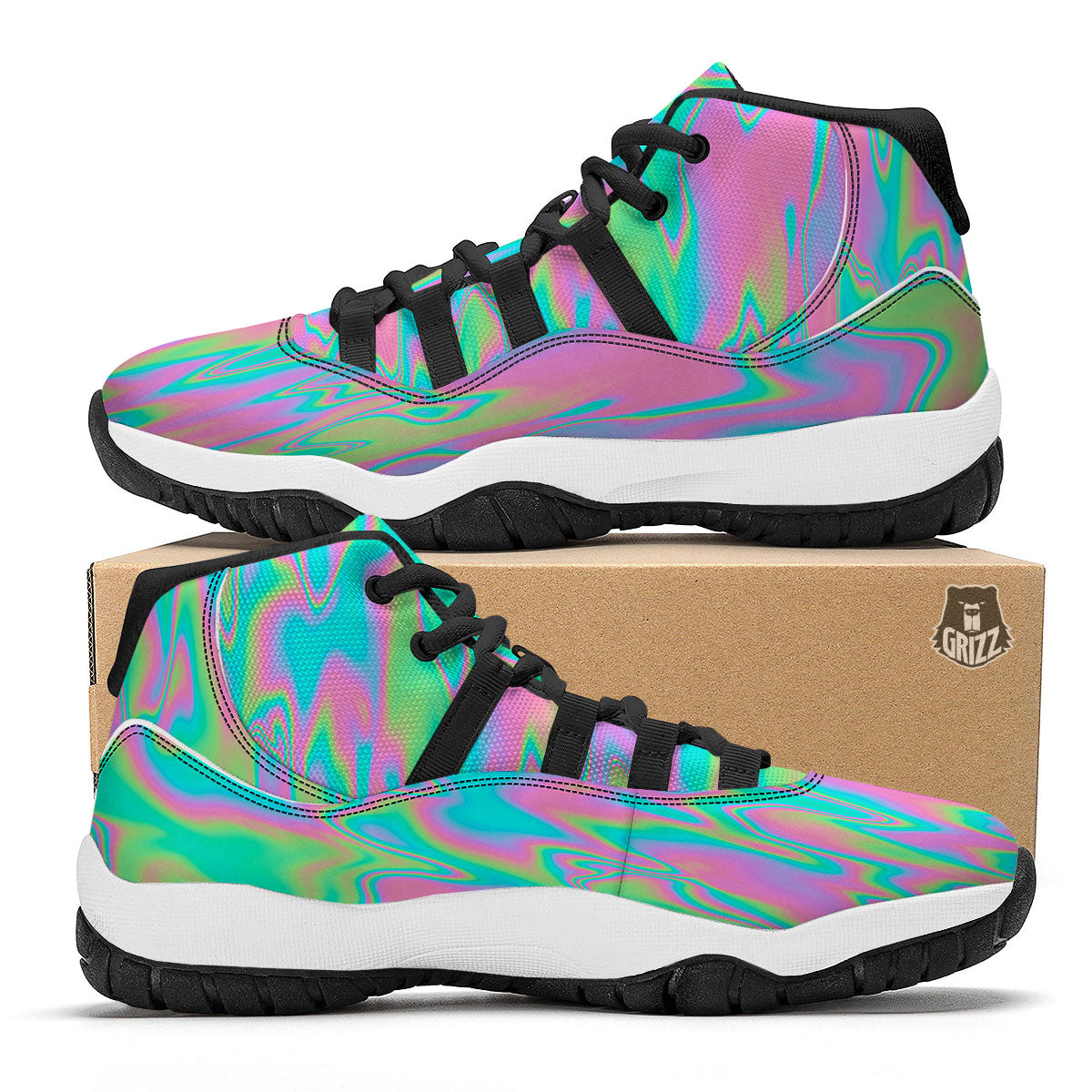 Trippy Abstract Holographic Print Black Bball Shoes-grizzshop