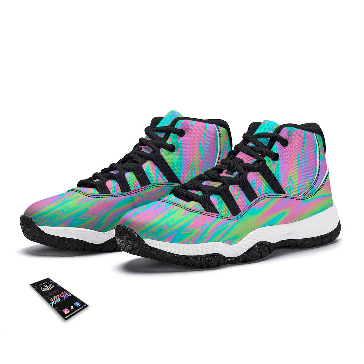 Trippy Abstract Holographic Print Black Bball Shoes-grizzshop