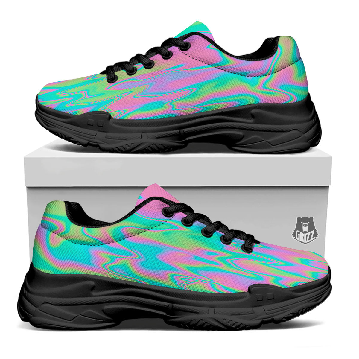 Trippy Abstract Holographic Print Black Chunky Shoes-grizzshop