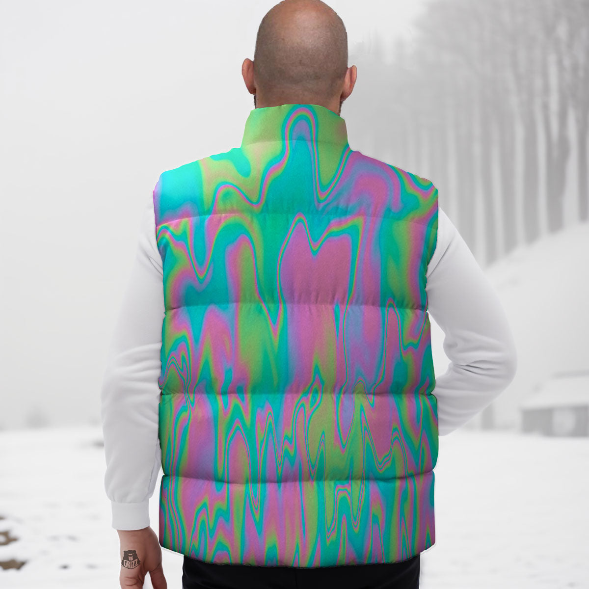 Trippy Abstract Holographic Print Down Vest