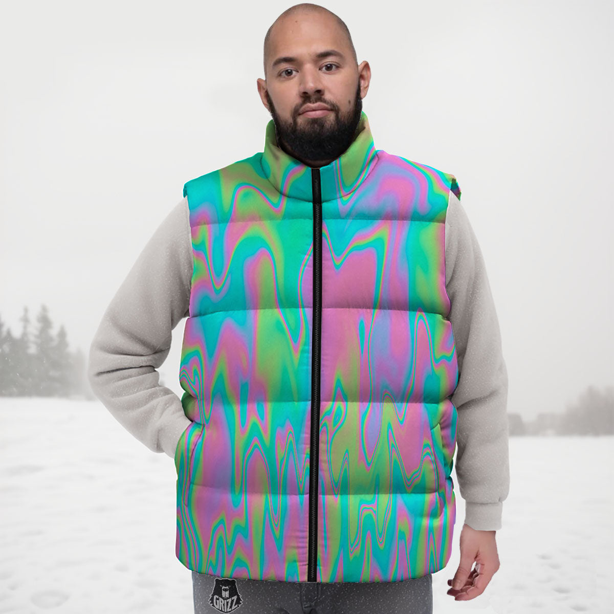 Trippy Abstract Holographic Print Down Vest