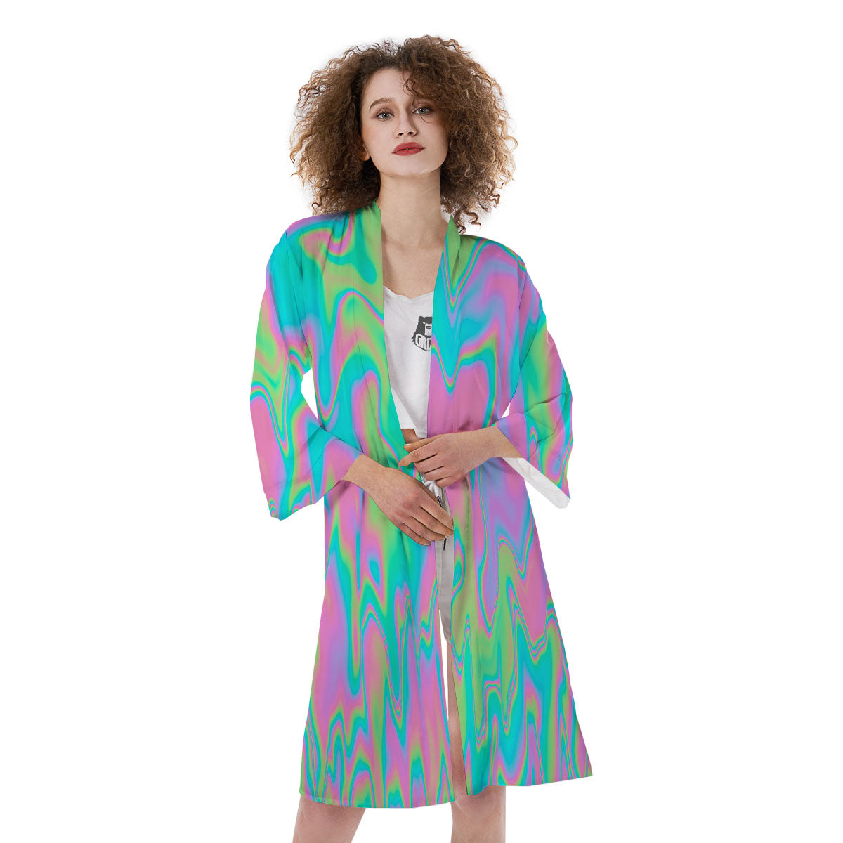 Trippy Abstract Holographic Print Kimono-grizzshop