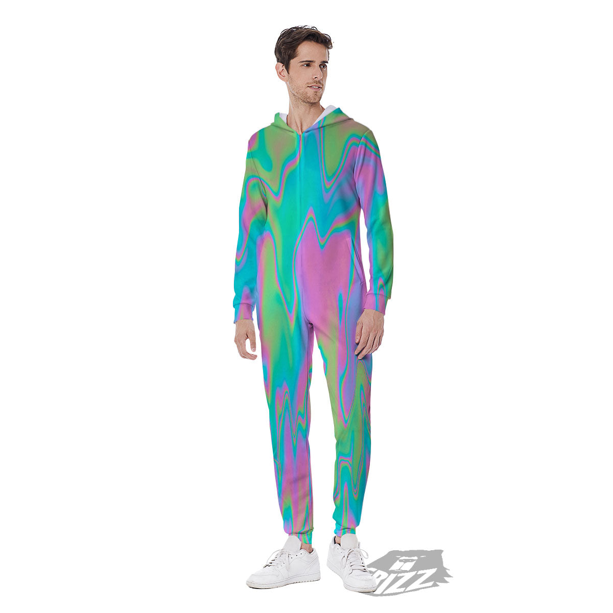 Trippy Abstract Holographic Print Men's Jumpsuit-grizzshop